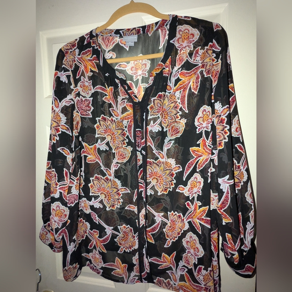Liz Claiborne Black and Pink 3/4 Sleeve Blouse